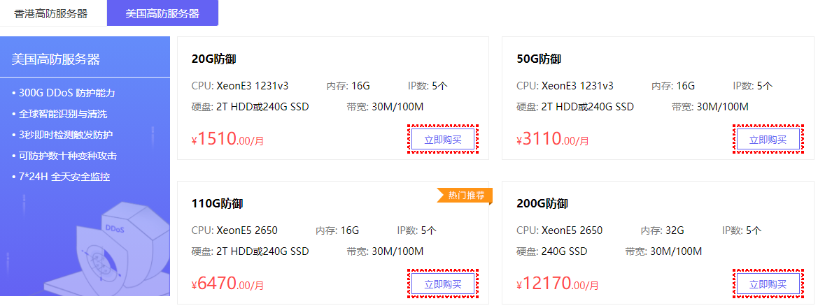 美国高防服务器价格表